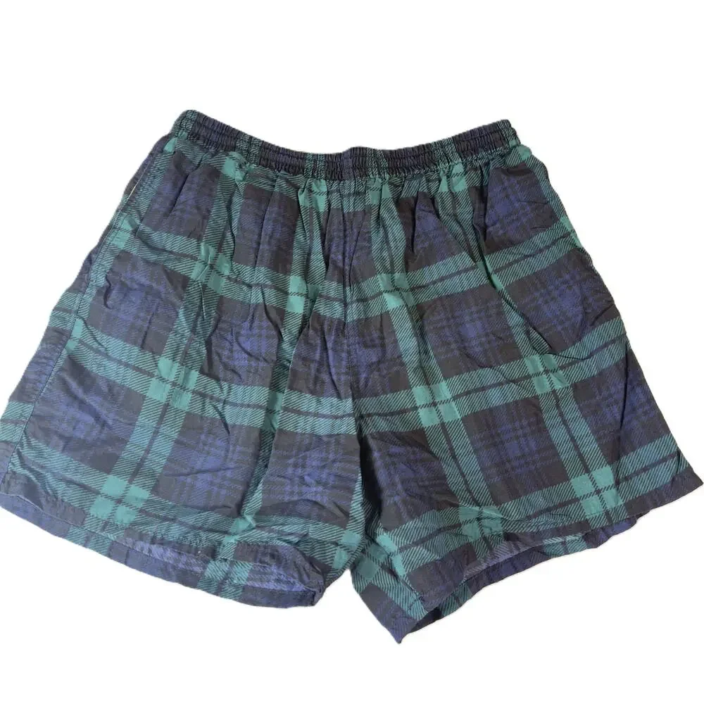 Catalina Men’s Large Swim Trunks Green Plaid Lined Board Shorts Drawstring Waist
